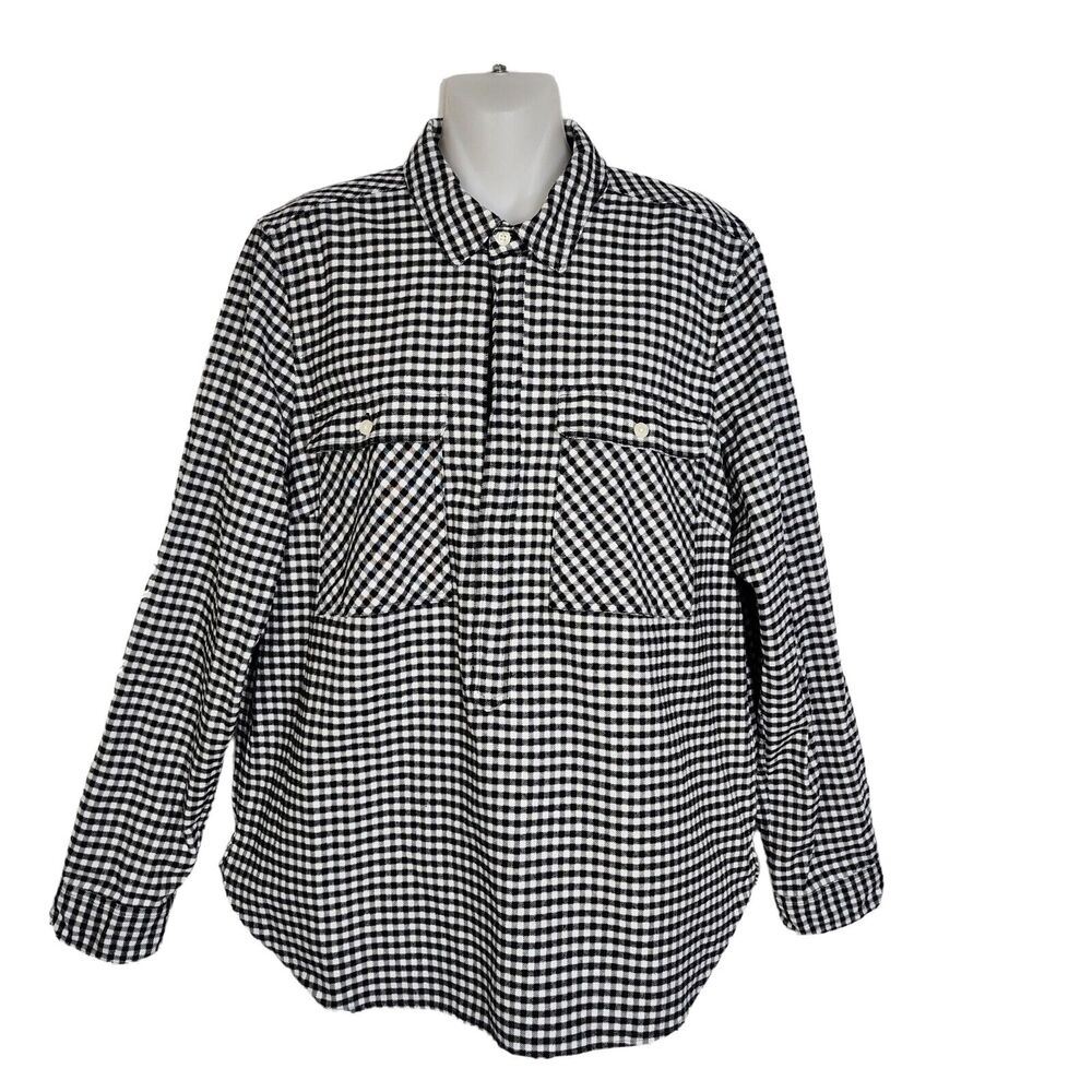 J Crew Mercantile Shirt Jacket Size Medium Black Plaid Gingham Flannel Pullover